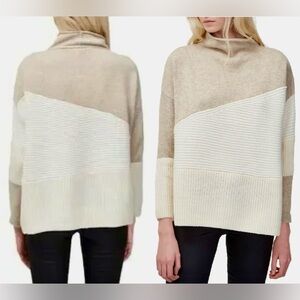 FRENCH CORRECTION Ribbed Beige & Cream Rolled Mock Turtleneck Sweater